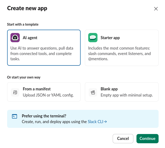 Slack's "Create new app" dialog, with "From a manifest" selected as the starting point