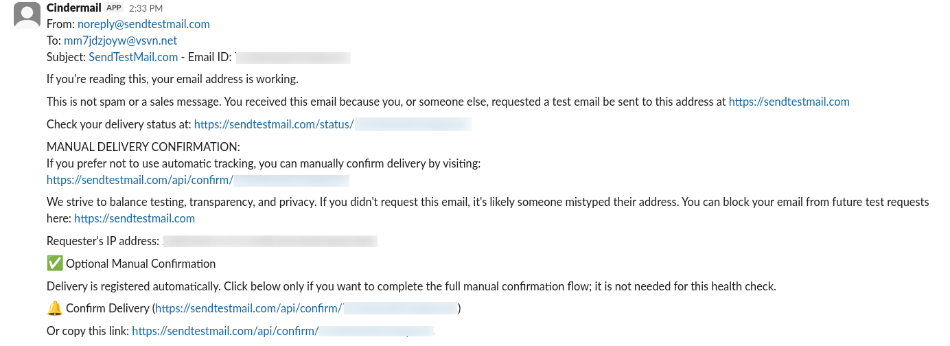 A Slack DM from the Cindermail app forwarding a received test email, with From, To, and Subject lines followed by the message body