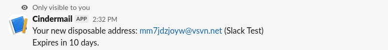 A Slack DM from the Cindermail app: "Your new disposable address: tnh87pazbw@vsvn.net (Slack Test), Expires in 10 days.", marked "Only visible to you"