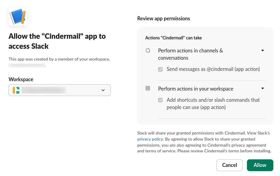 Slack's install-consent screen, showing "Send messages as @cindermail" and "Add shortcuts and/or slash commands" as the only two requested permissions